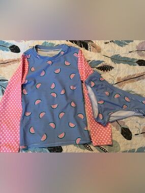 Little Girls Andy & Evan Blue and Pink Watermelon Stripe Rash Guard